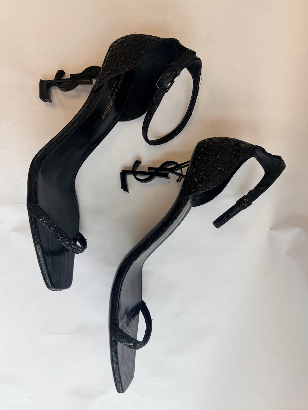 Saint Laurent Opyum Ankle Strap Sandals YSL Monogram Heel Black Glitter 39 - Picture 3 of 13